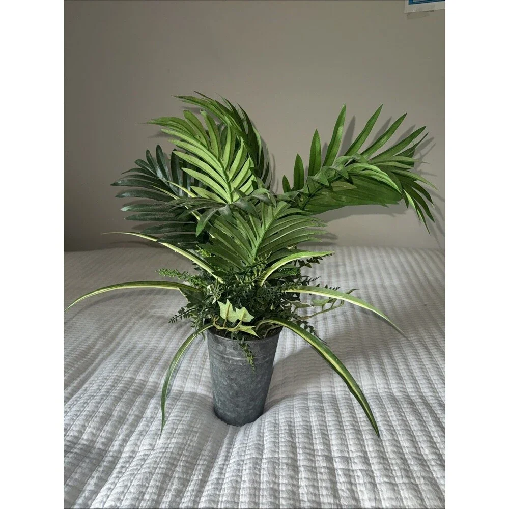 Faux Palm Ivy & Fern Arrangement in Galvanized Tin Bucket – Farmhouse Decor